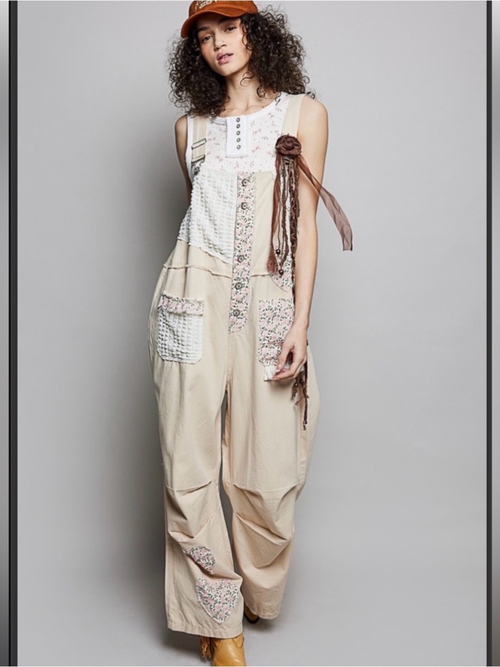 POL Cream Patchwork Wide-Leg Jumpsuit with Floral Trim